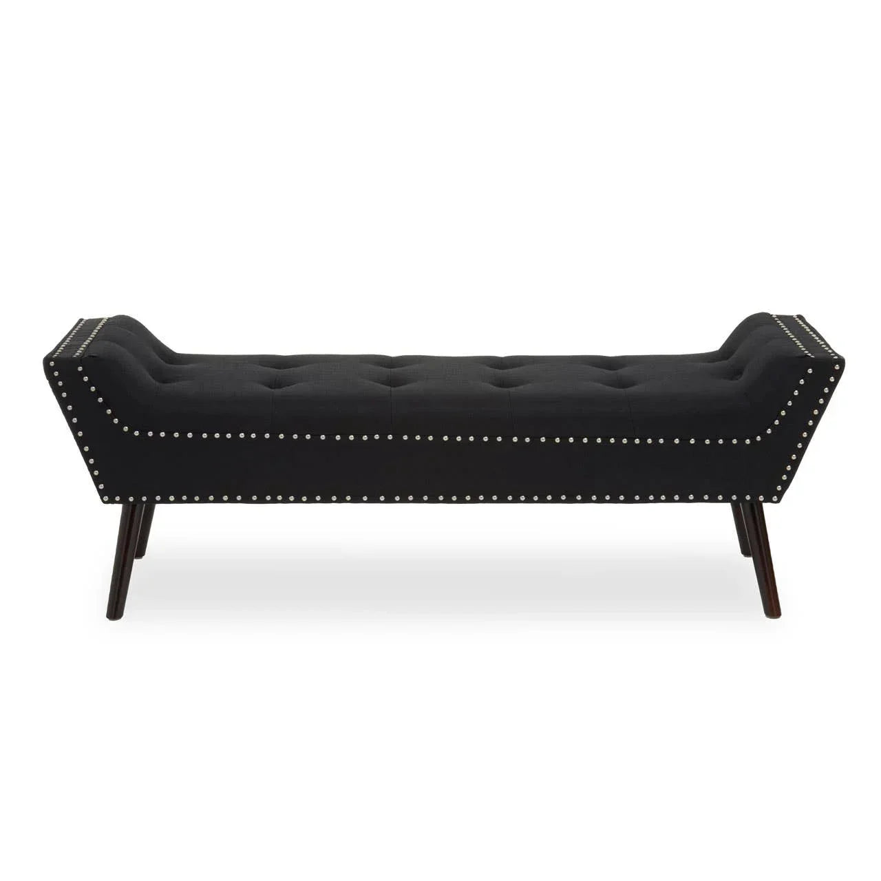 Black upholstered bench with tufted seat and silver stud detailing, angled wooden legs