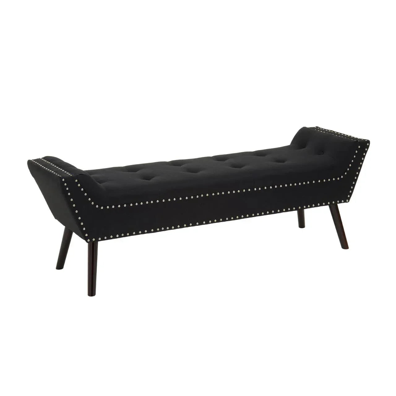 Black upholstered bench with tufted seat, nailhead trim, and angled wooden legs