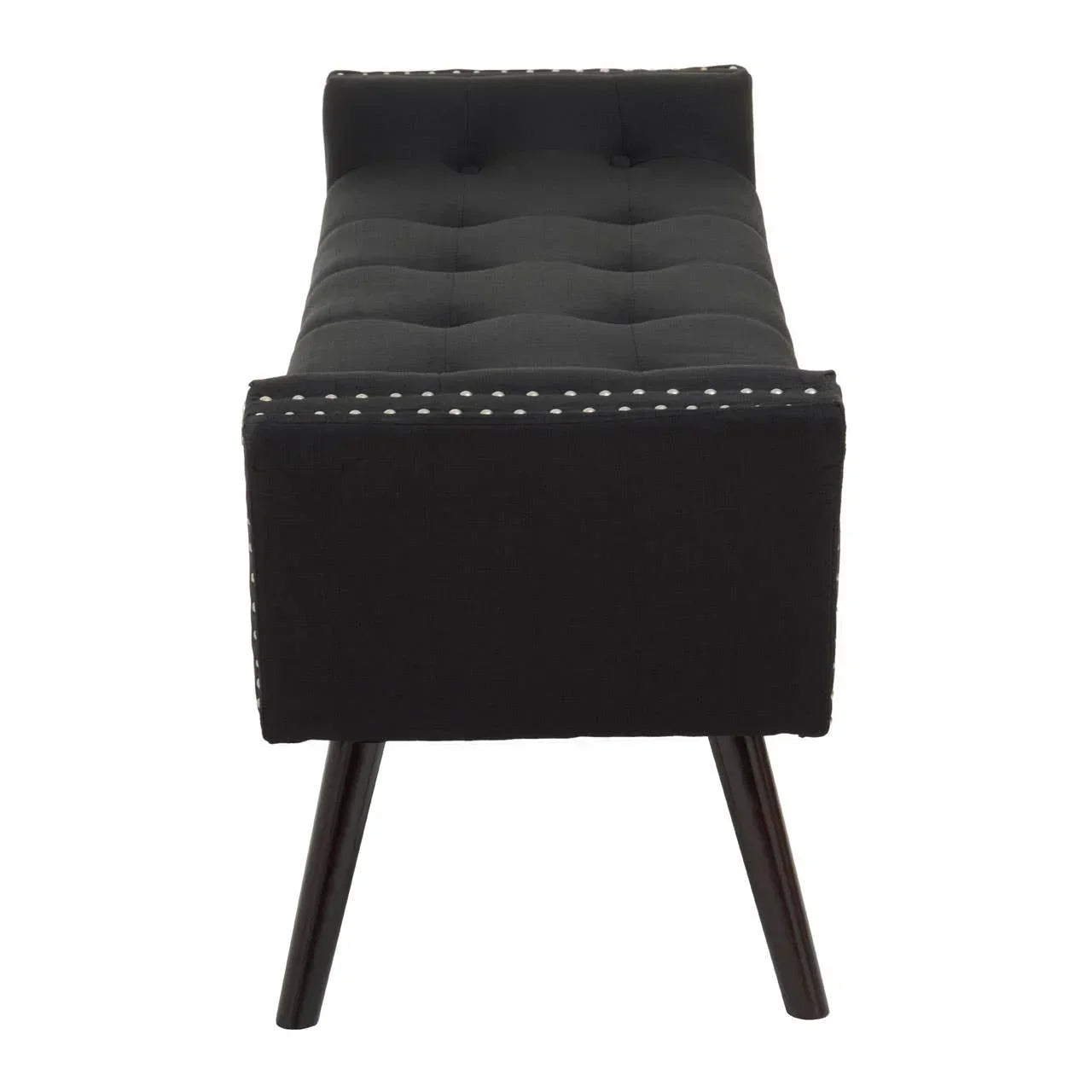 Black fabric bench with tufted seat, silver stud detailing, and dark wooden legs, front view