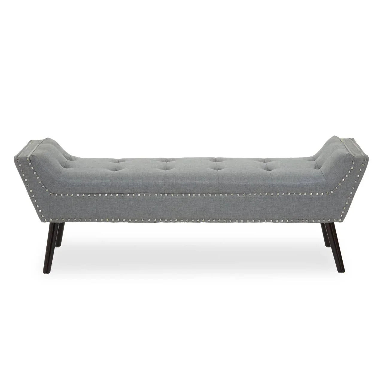 Grey upholstered bench with button tufting and studded trim, angled legs