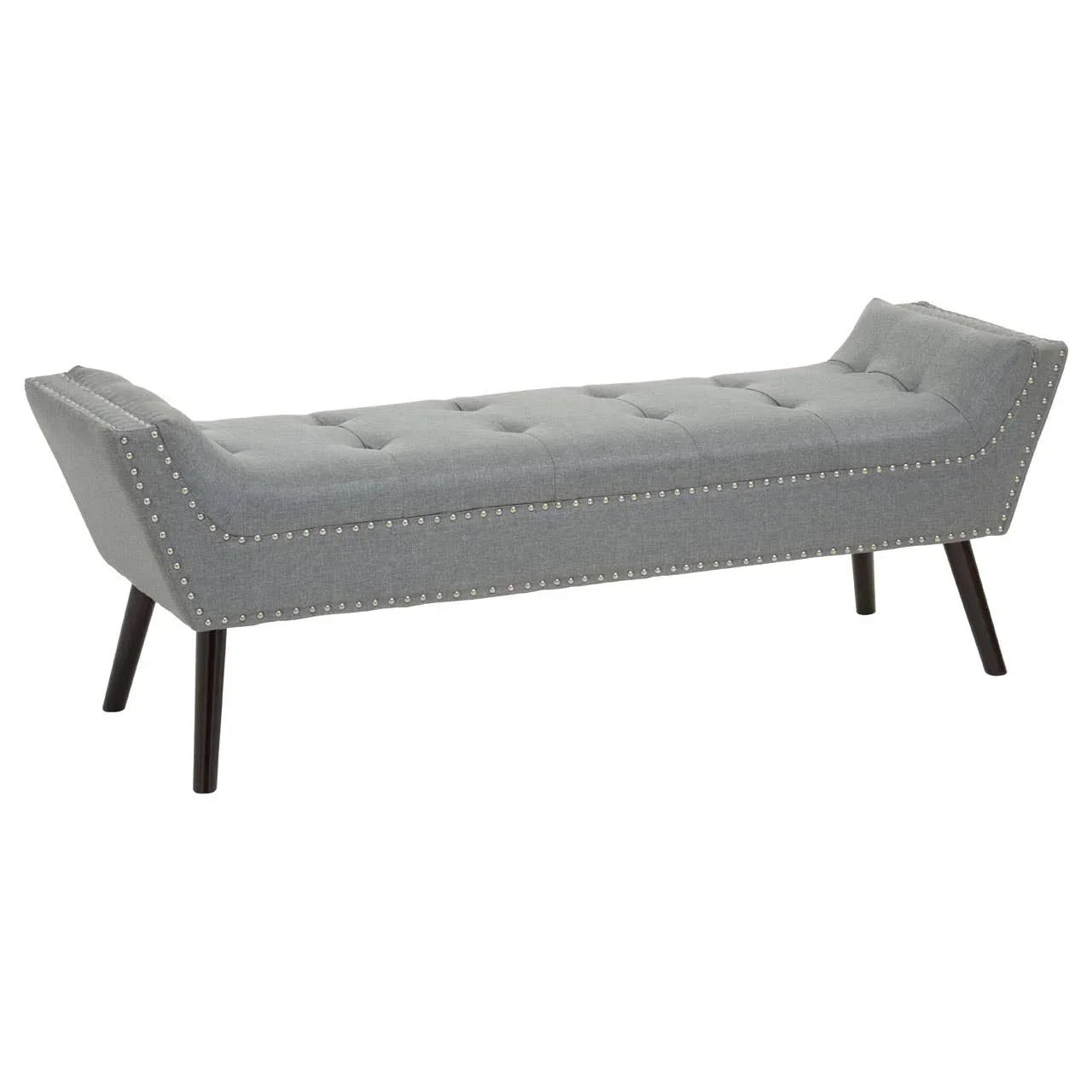 Grey upholstered bench seat with tufted top, nailhead trim and angled wooden legs