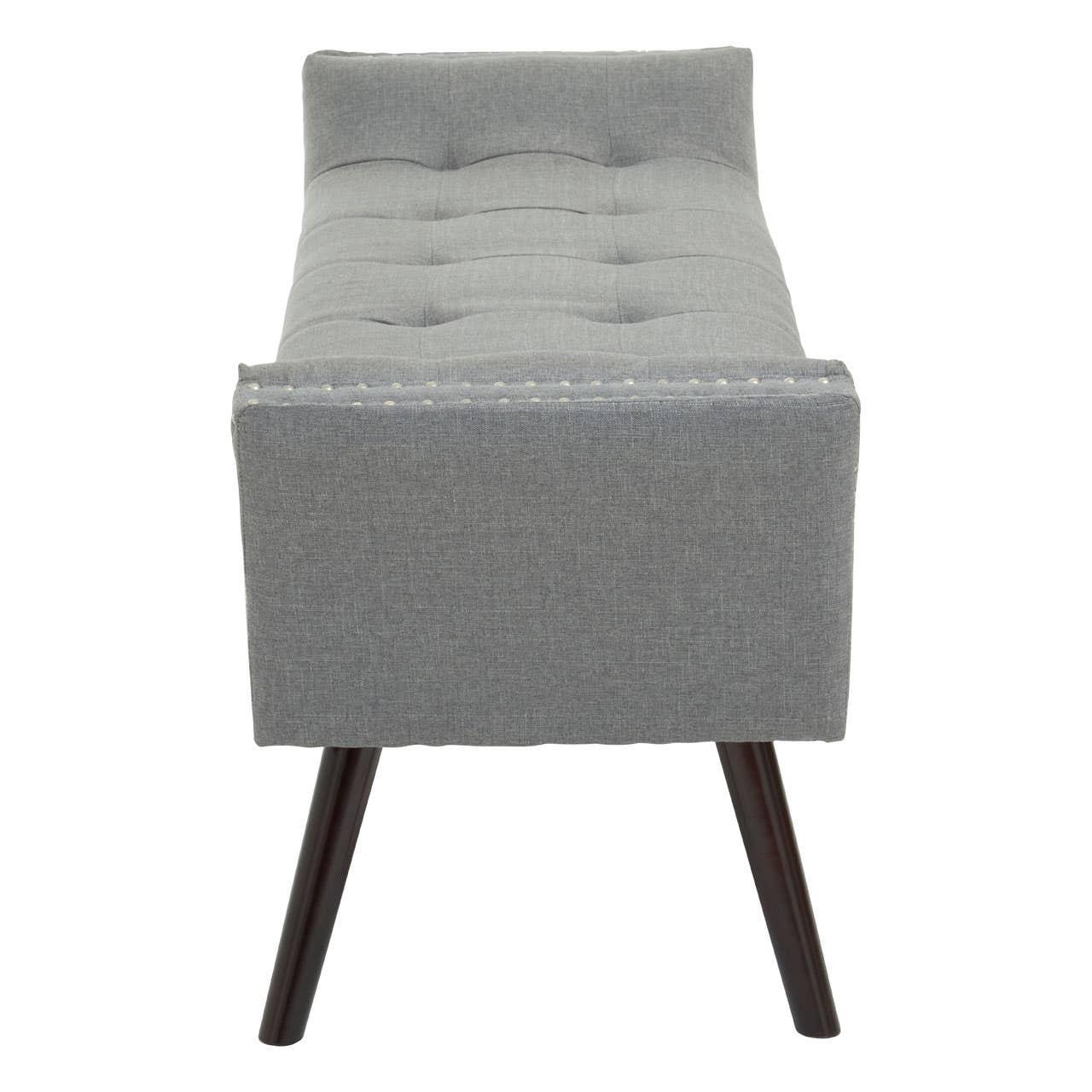 Grey upholstered bench with tufted seat, viewed from the front, dark wooden legs
