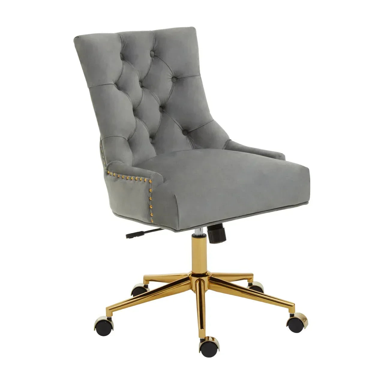 Grey velvet office chair with tufted backrest and gold metal base on castor wheels