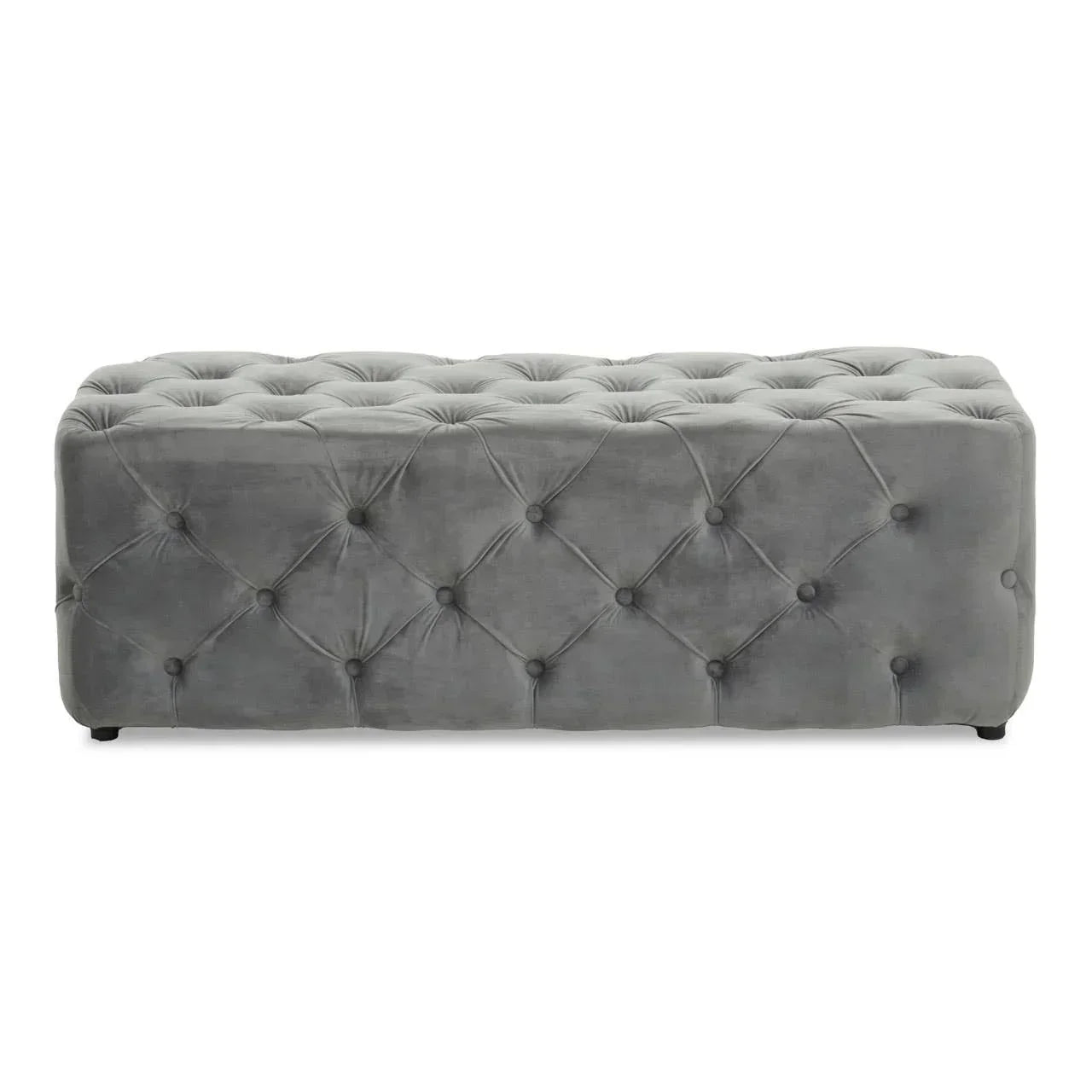 Grey velvet ottoman bench with tufted upholstery and button detailing, front view