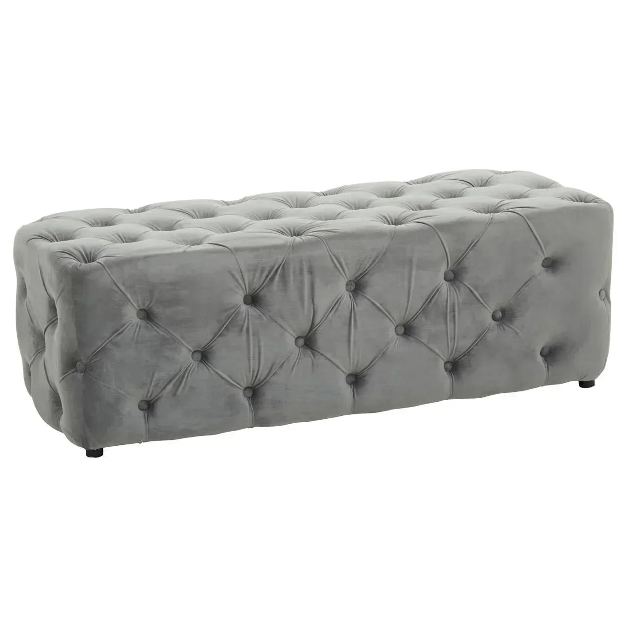 Grey velvet upholstered ottoman bench with button tufting and low black feet