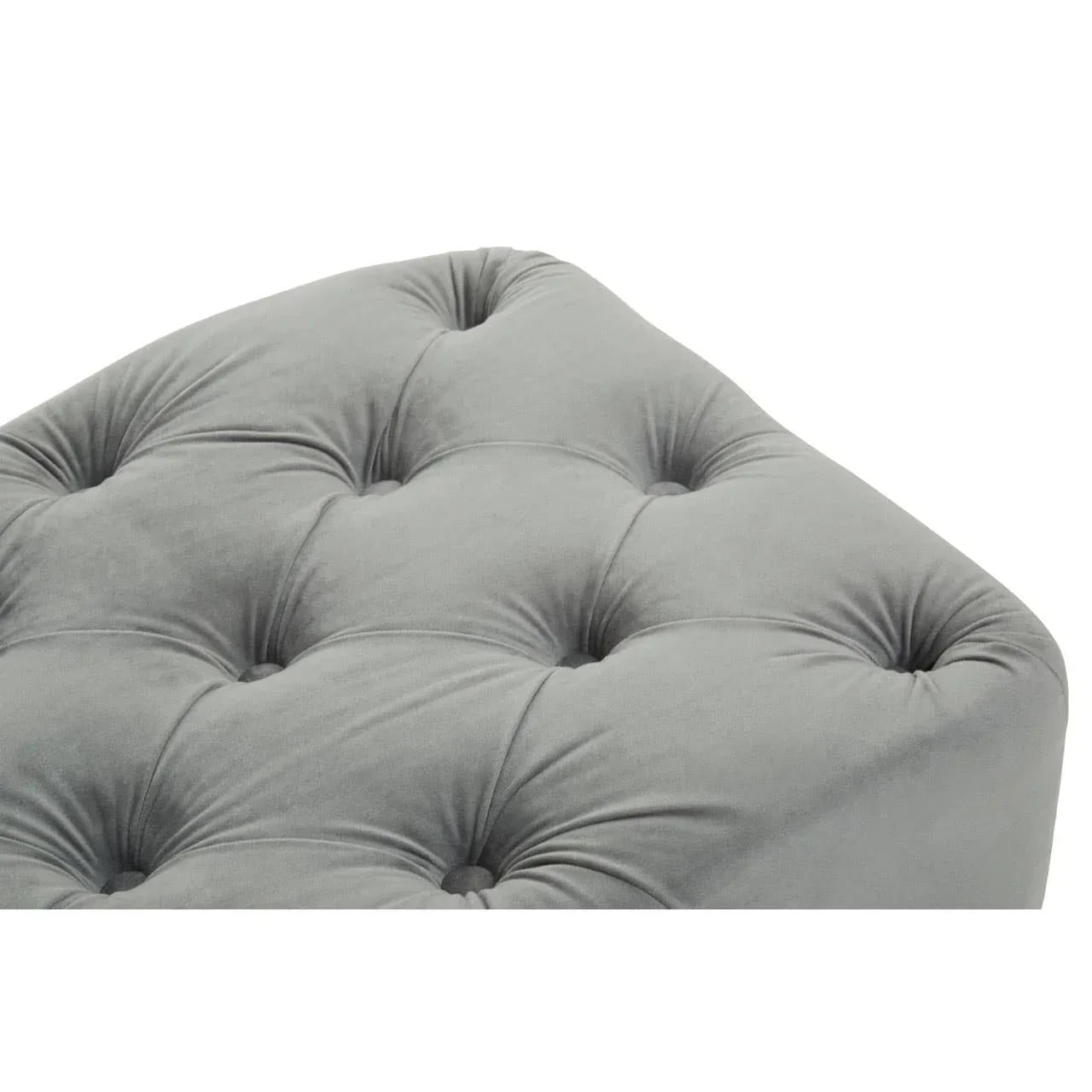 Close up of grey velvet tufted sofa corner cushion