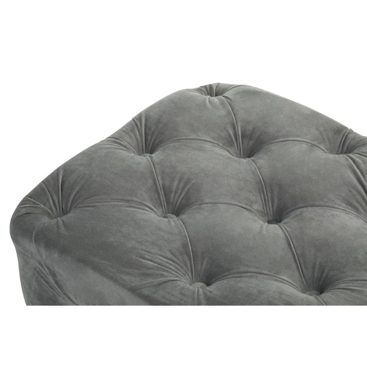 Grey velvet tufted ottoman corner with button detailing and soft upholstery