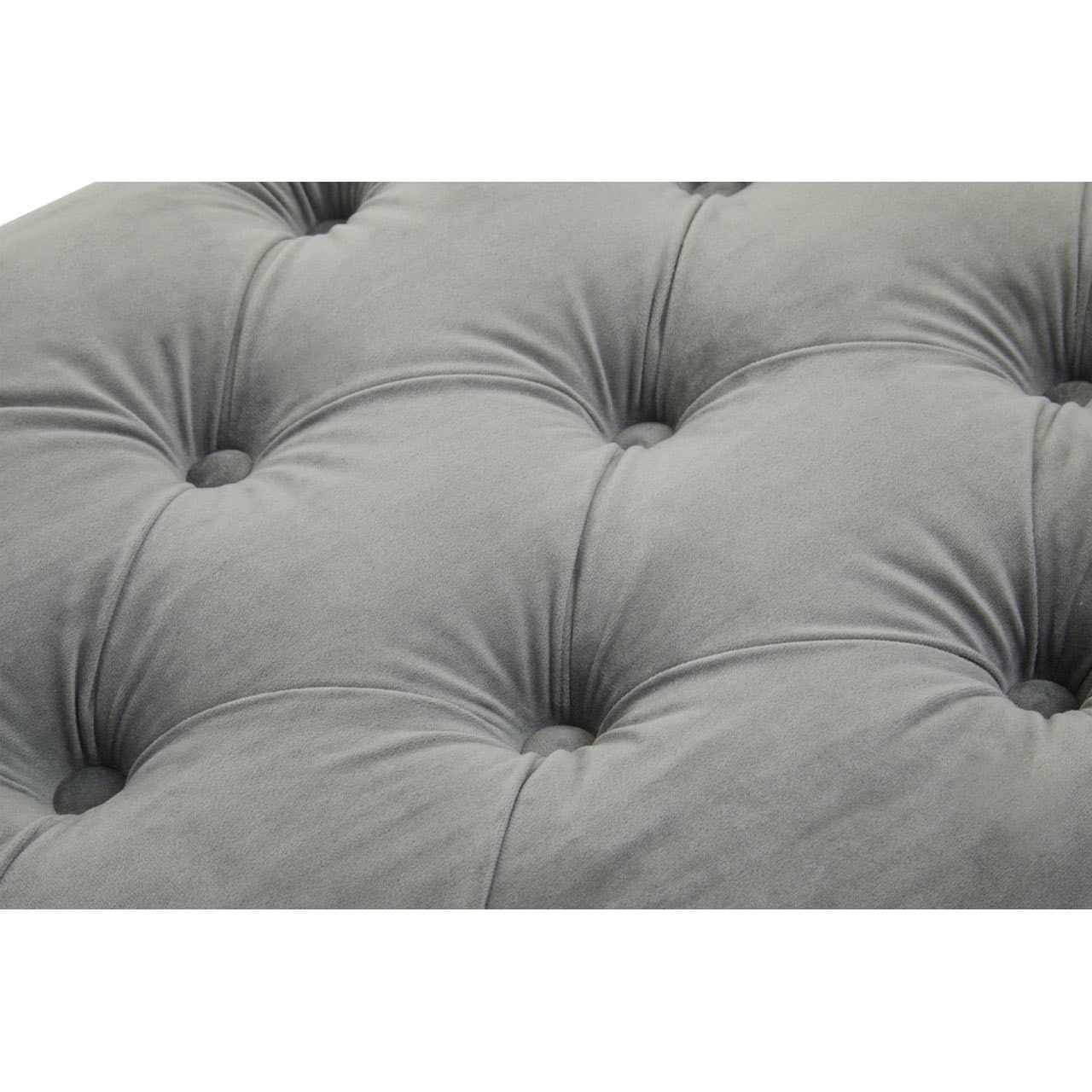 Close-up of grey fabric tufted sofa cushion with button detail