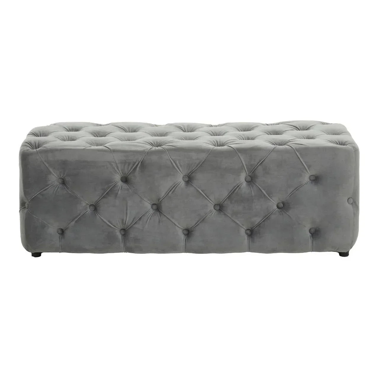 Grey velvet ottoman bench with tufted upholstery and button detailing, front angle view