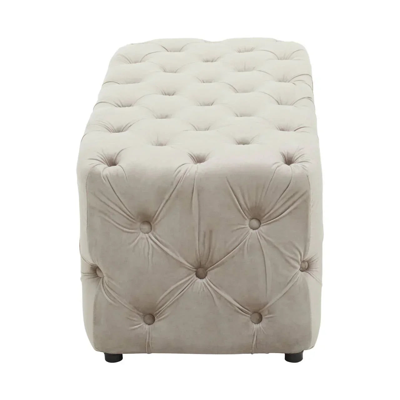 Beige tufted ottoman bench with button detailing and fabric upholstery, front view