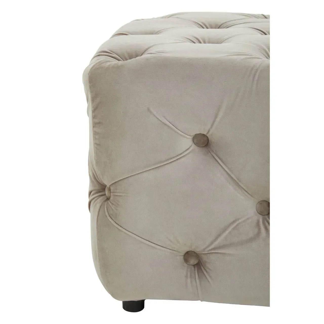 Beige velvet tufted ottoman corner with button detail and short black leg