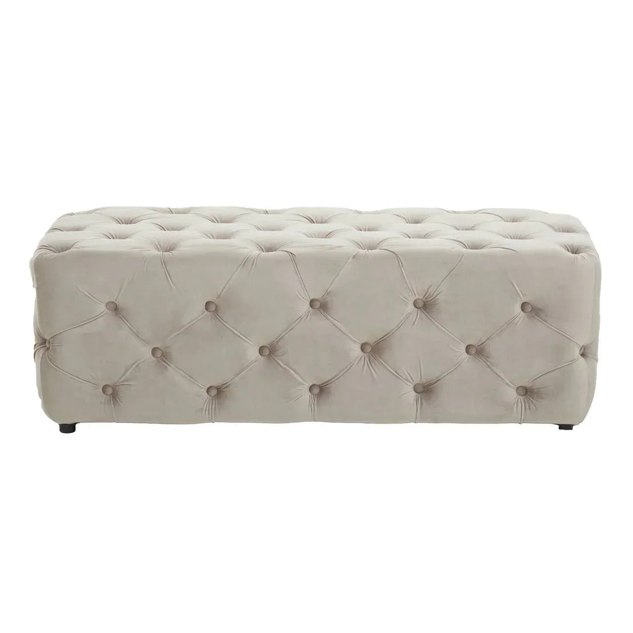 Beige upholstered ottoman bench with tufted button detailing and rectangular shape