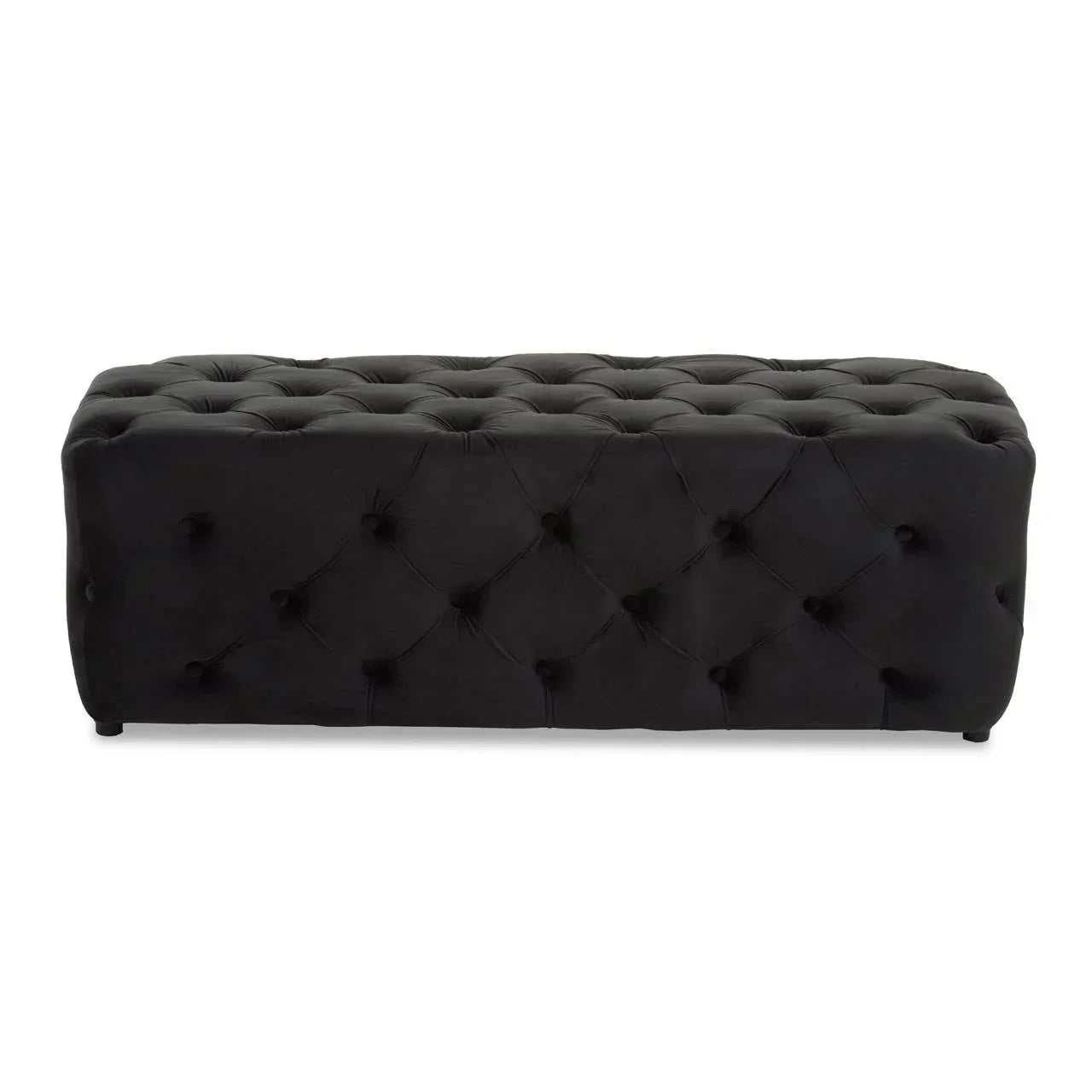 Black velvet ottoman bench with deep button tufting and rectangular shape