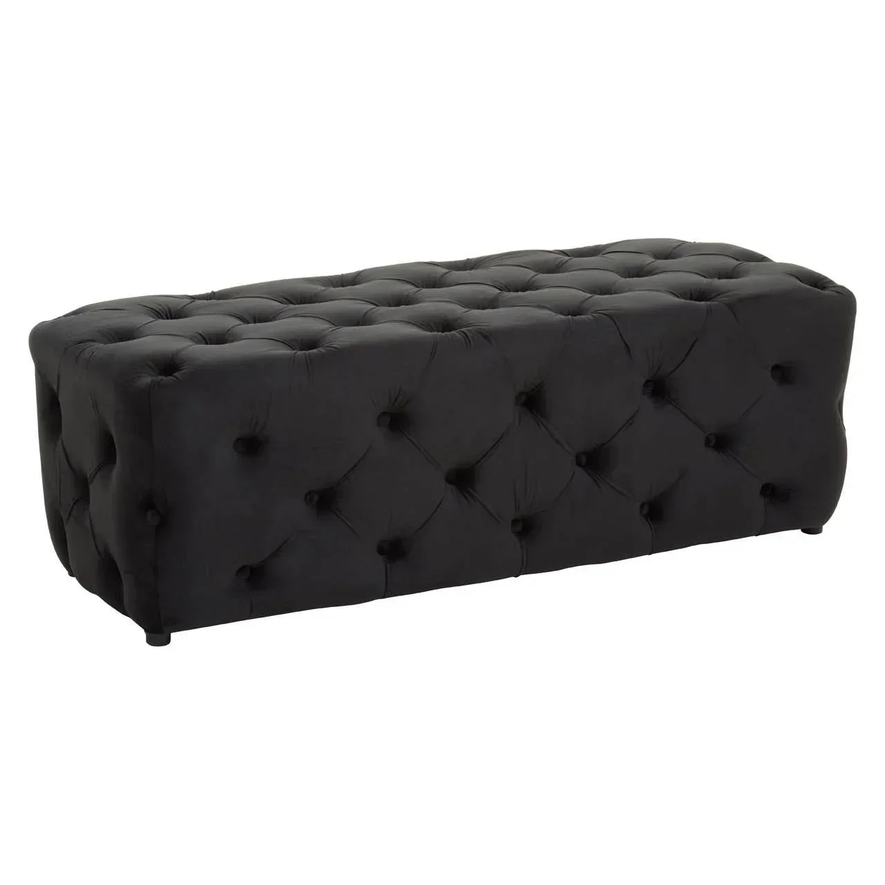 Black velvet ottoman bench with deep button tufting and rectangular shape