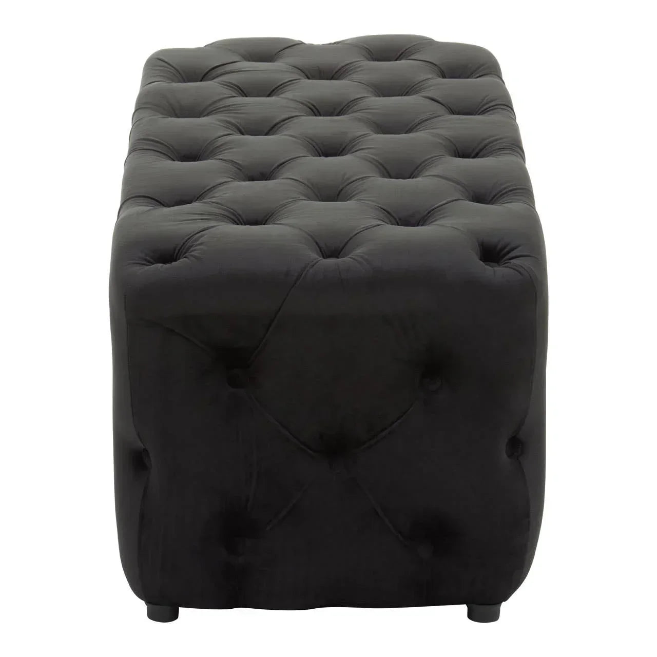 Black velvet ottoman with deep button tufting, rectangular shape, front view
