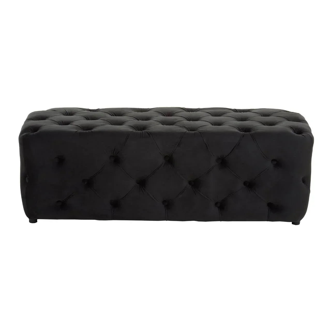 Black velvet ottoman bench with deep button tufting, rectangular shape, front view