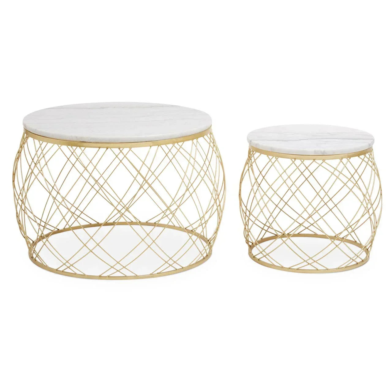 Round coffee table set with white marble tops and gold wire metal bases