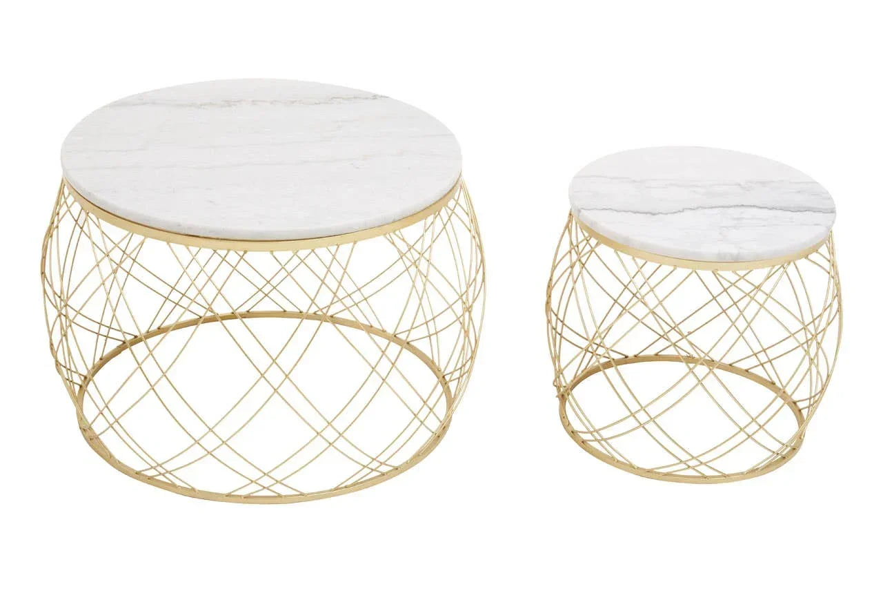Round marble topped coffee tables with gold metal wire bases, shown as a set of two