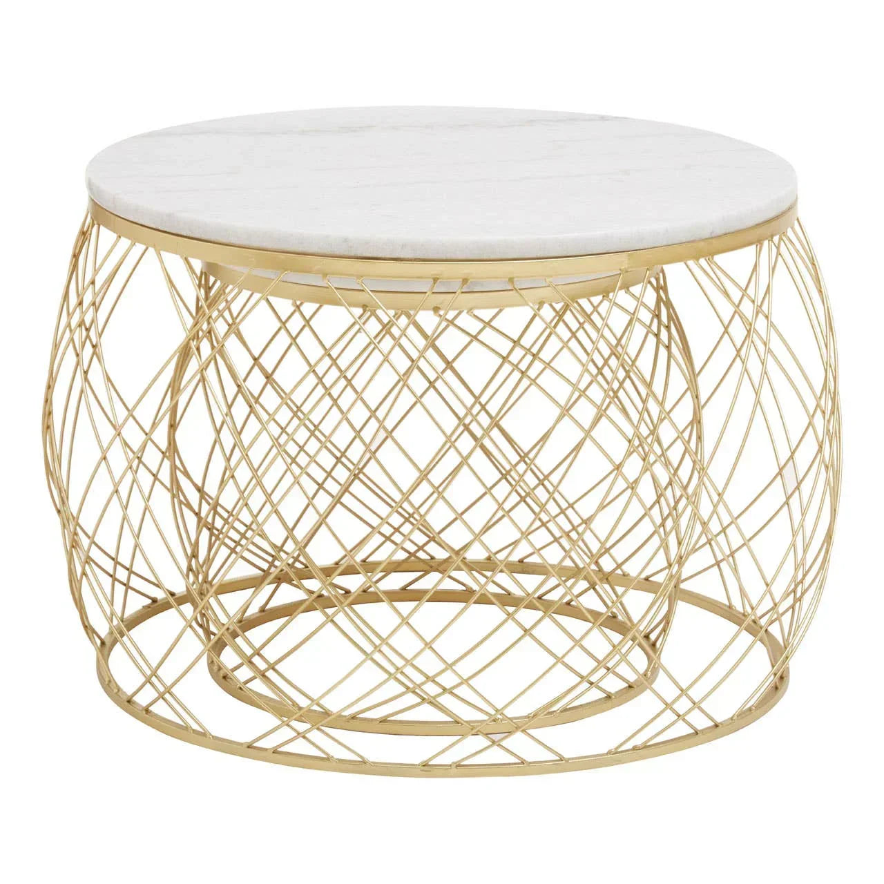 Round marble top coffee table with gold wire frame base