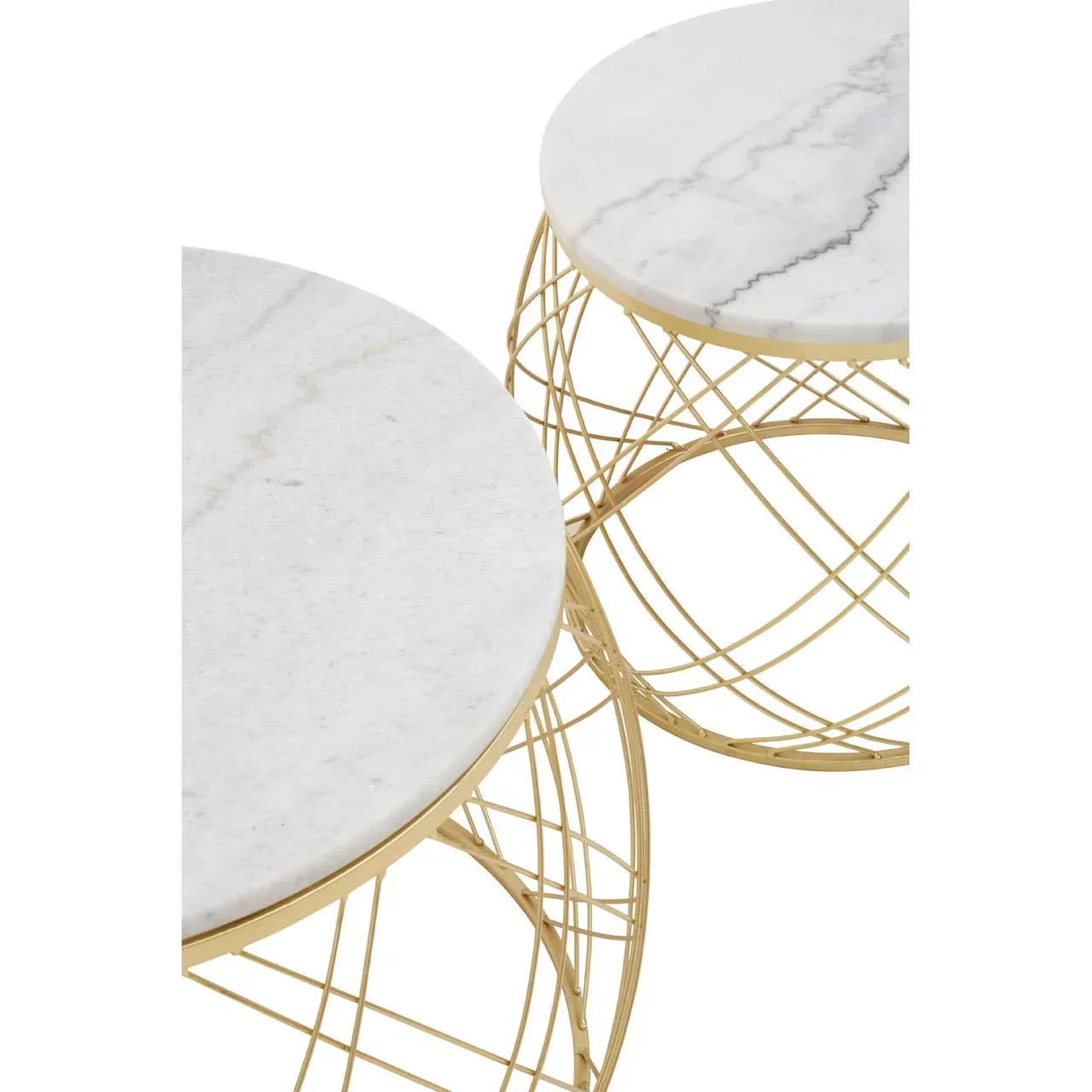 Round marble top coffee tables with gold metal geometric bases, close-up view