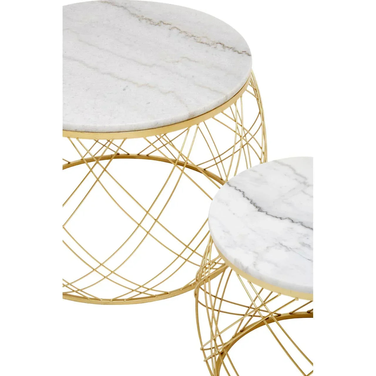 Round marble top accent tables with gold metal wire frames, set of two, close view