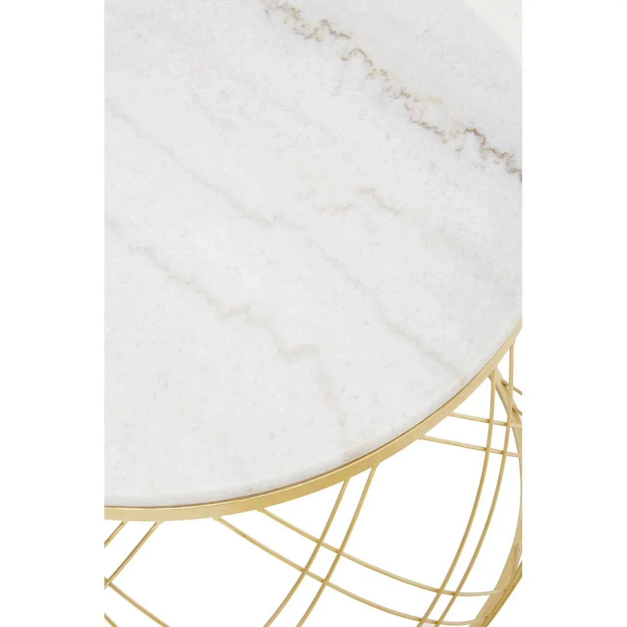 Round marble top coffee table with gold metal wire base, close view of surface and frame