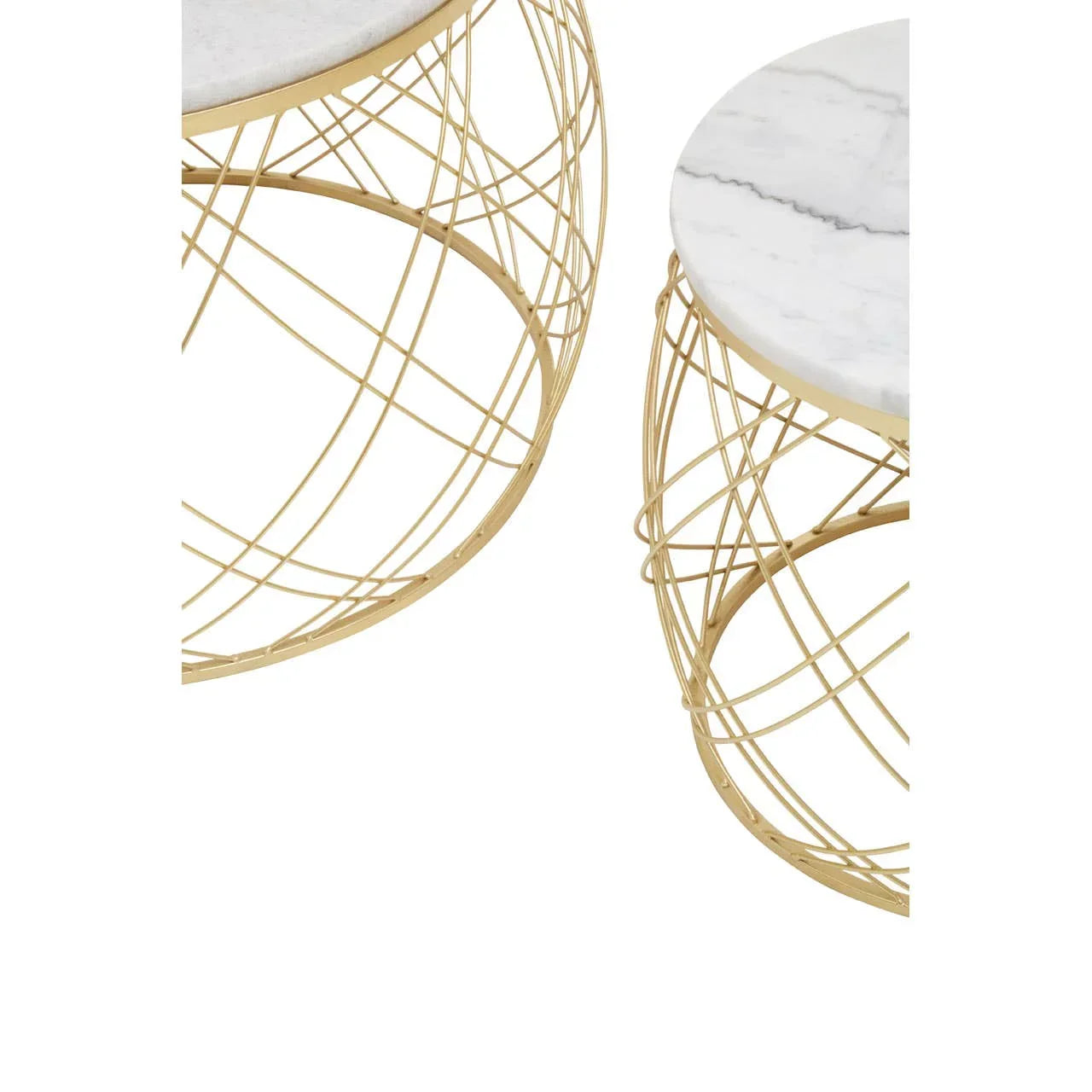 Round marble top coffee tables with gold wire metal bases, close-up view