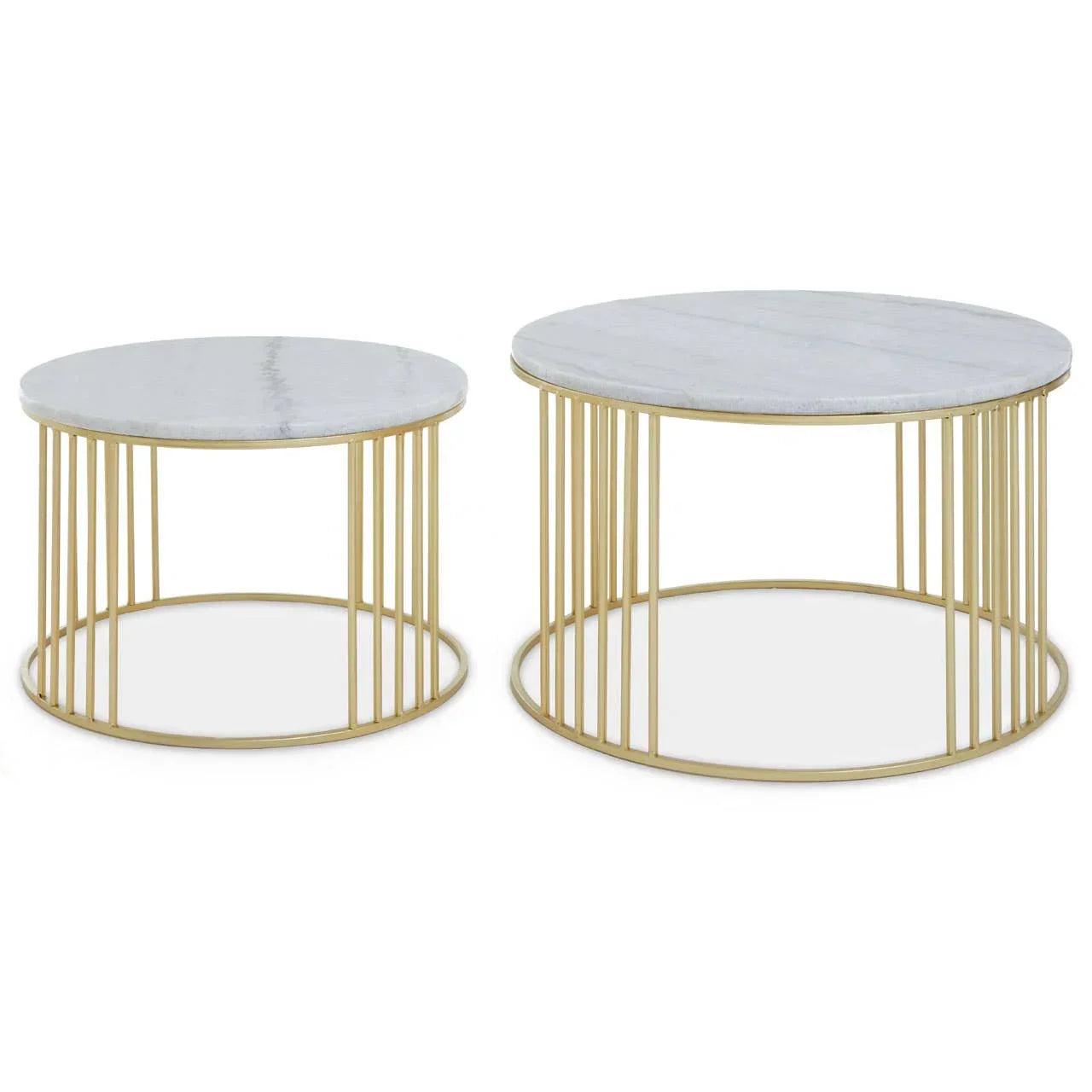 Set of two round marble top coffee tables with gold metal frames on white background