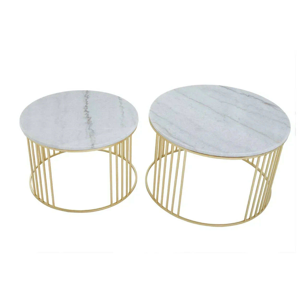 Round marble top coffee tables with gold metal bases, modern nested design set of two