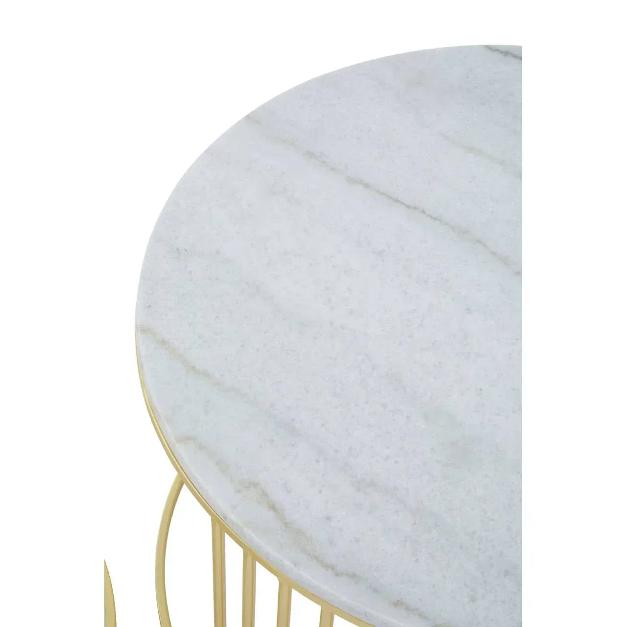 Round marble side table with gold metal base, top view showing veining detail