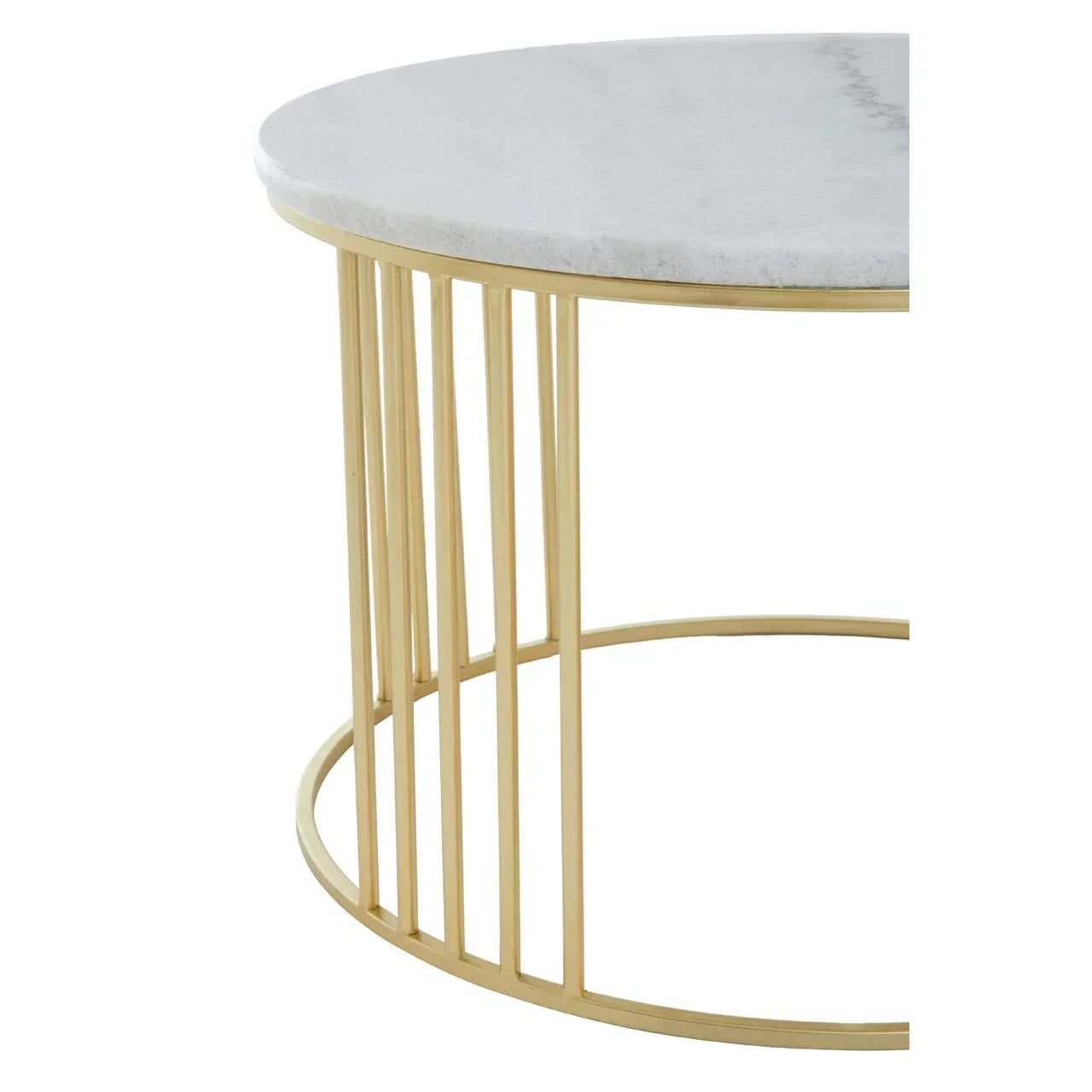 Round marble coffee table with gold metal base, close-up of frame and tabletop edge