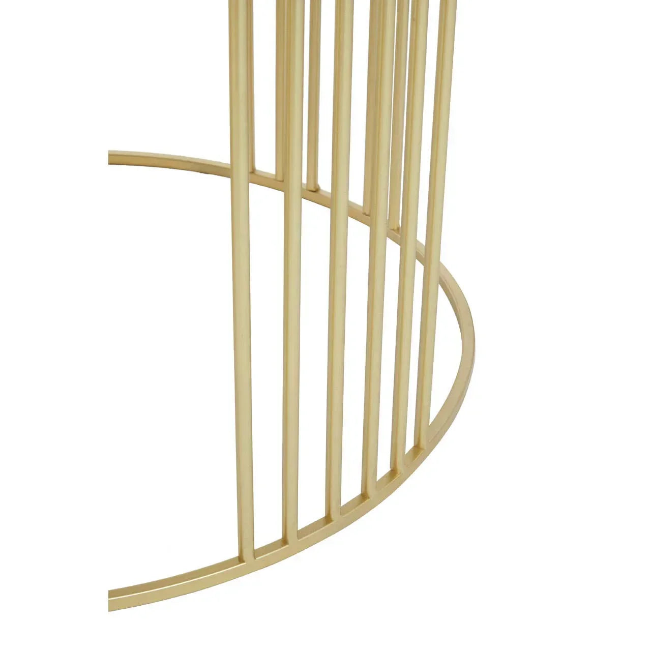 Gold metal table base with vertical bars and round frame close-up