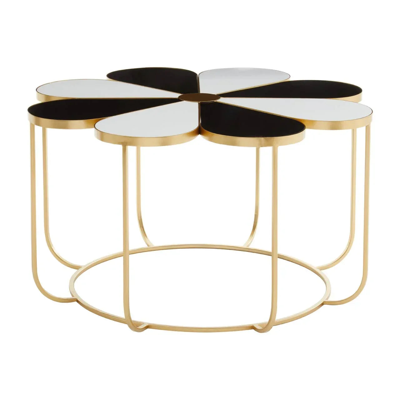 Gold metal coffee table with black and white petal-shaped top sections in flower design
