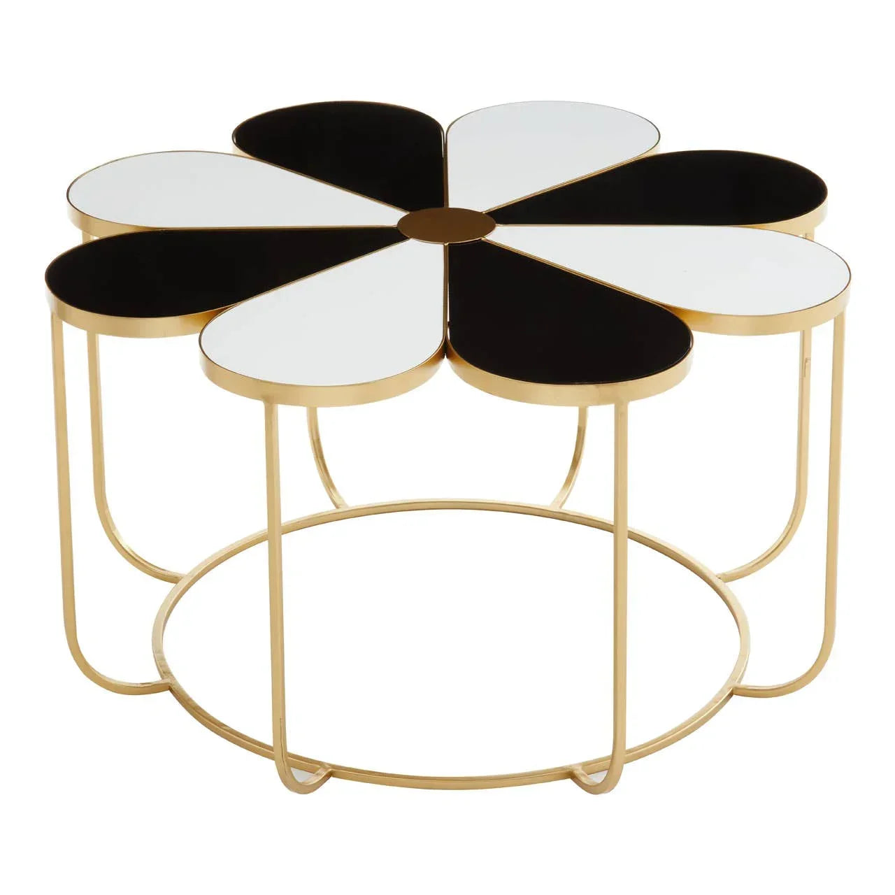 Gold metal coffee table with black and white petal-shaped glass top, modern living room style