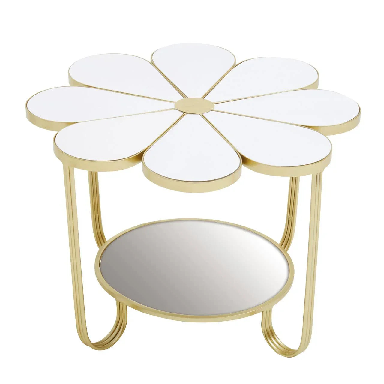 Gold and white flower-shaped accent table with mirrored lower shelf