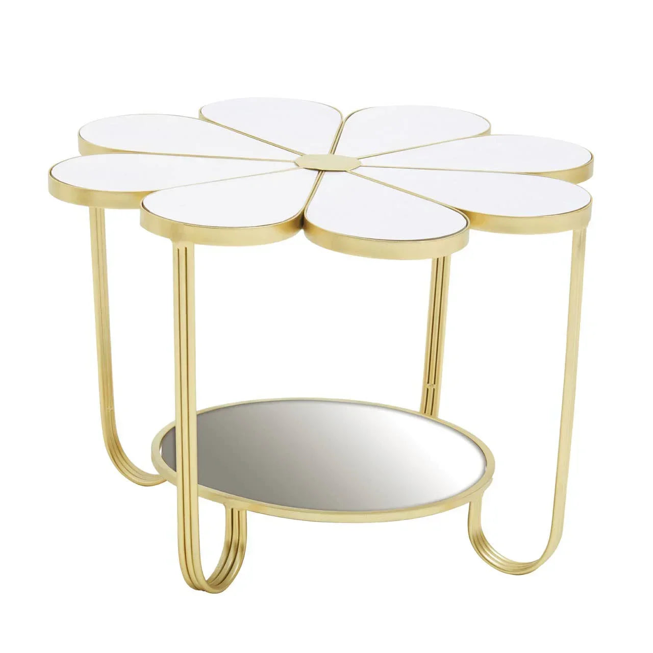 Gold metal side table with white petal-shaped top and mirrored lower shelf