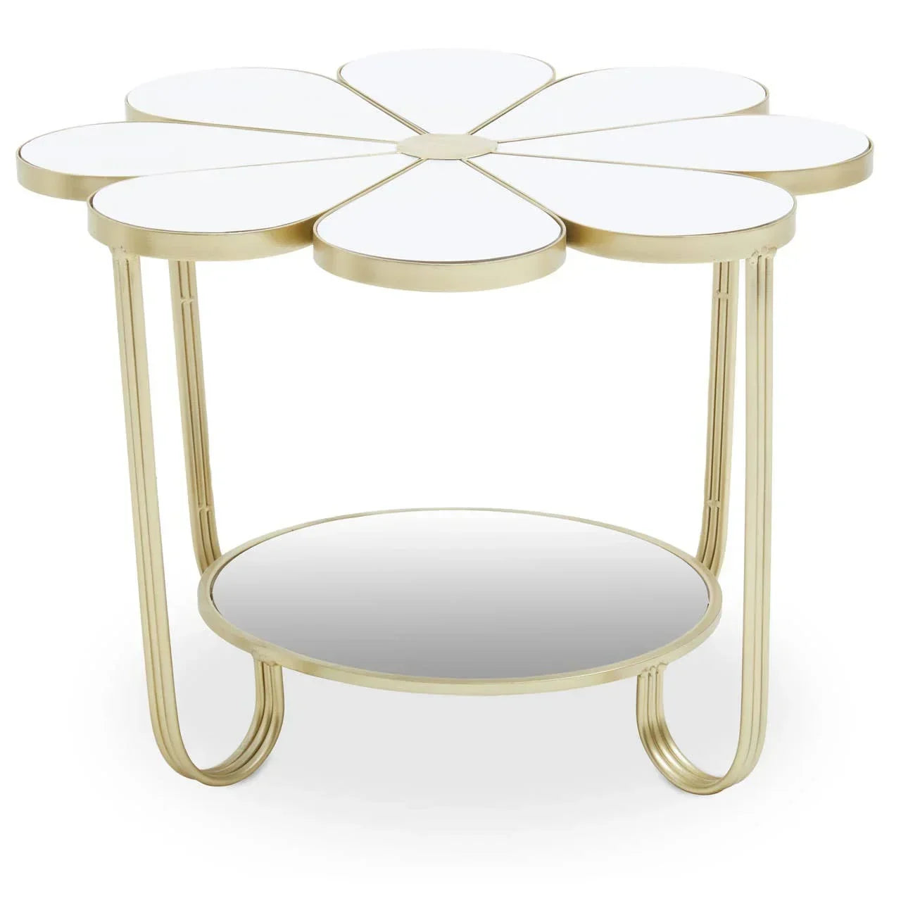 Gold metal side table with white petal-shaped glass top and mirrored lower shelf