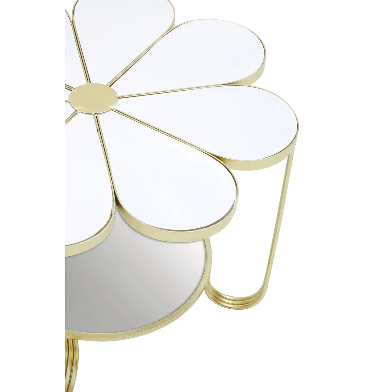 Gold metal flower-shaped coffee table with mirrored top and petal design
