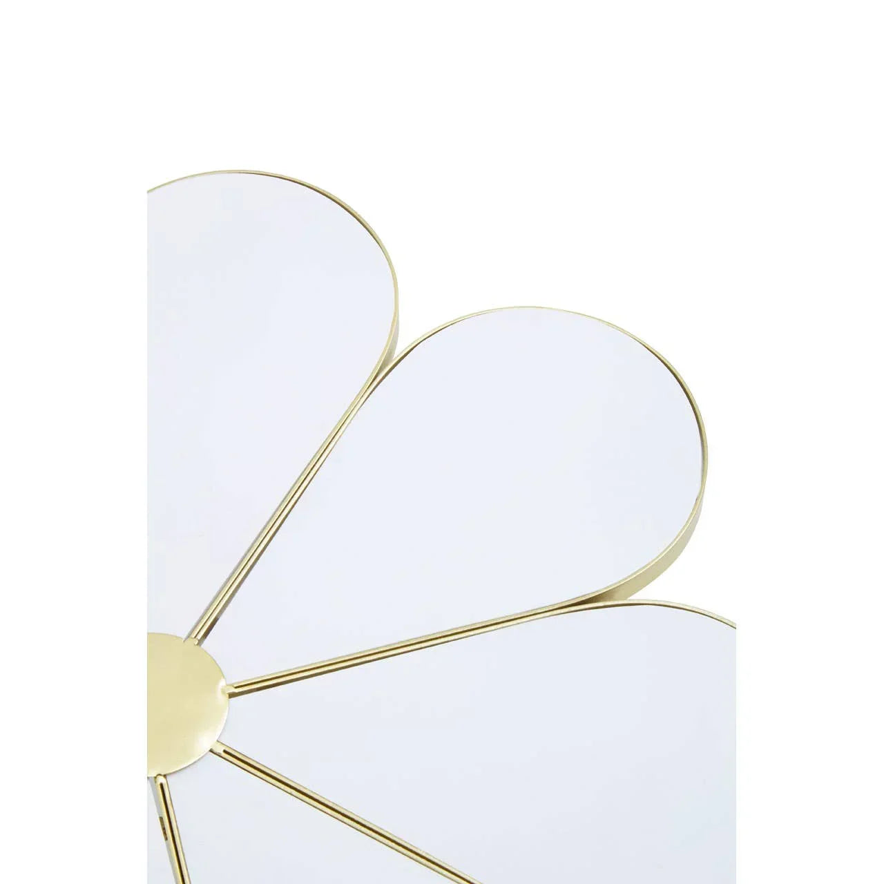 Close-up of gold metal petal-shaped wall mirror with white reflective panels