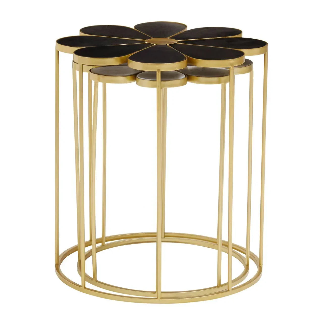 Gold metal side table with black petal-shaped top and round base, modern accent furniture