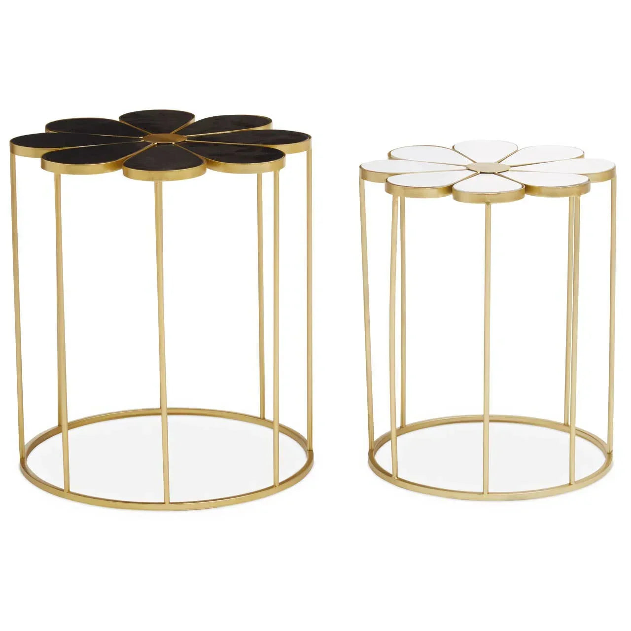 Set of two gold metal nesting side tables with flower-shaped tops in black and white