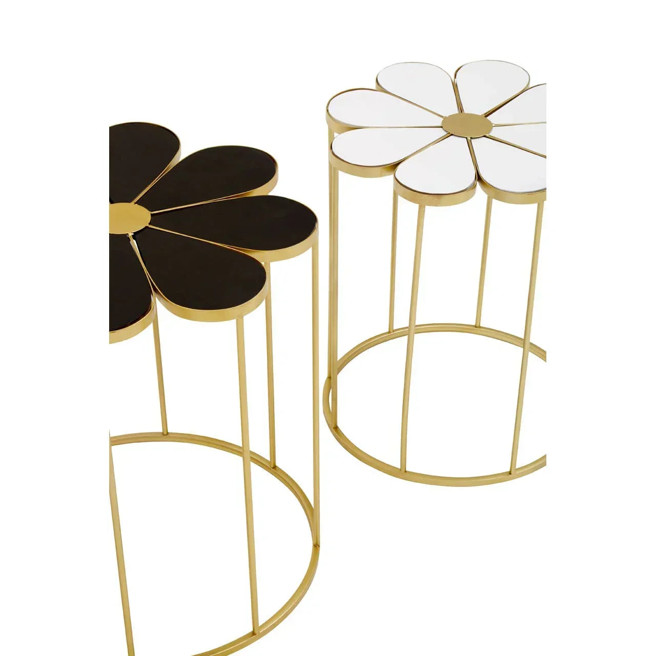 Flower-shaped metal side tables with gold frames, black and white petal tops