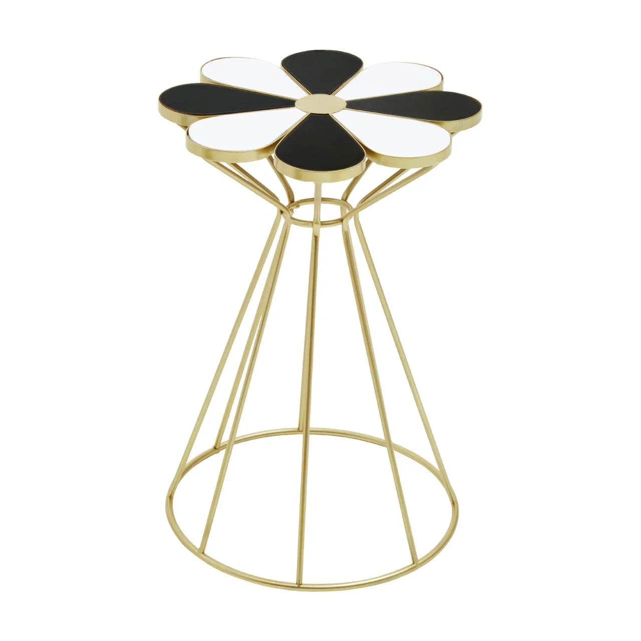Gold metal side table with black and white flower-shaped top, modern wireframe base