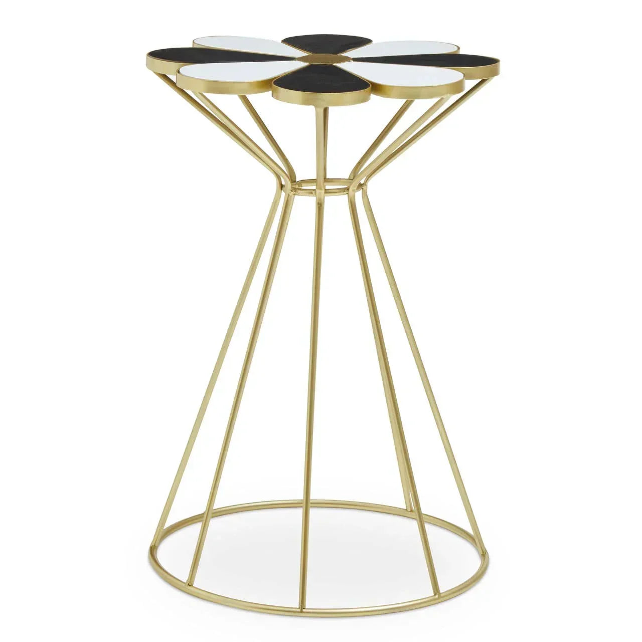 Modern gold metal side table with geometric flower-shaped black and white tabletop