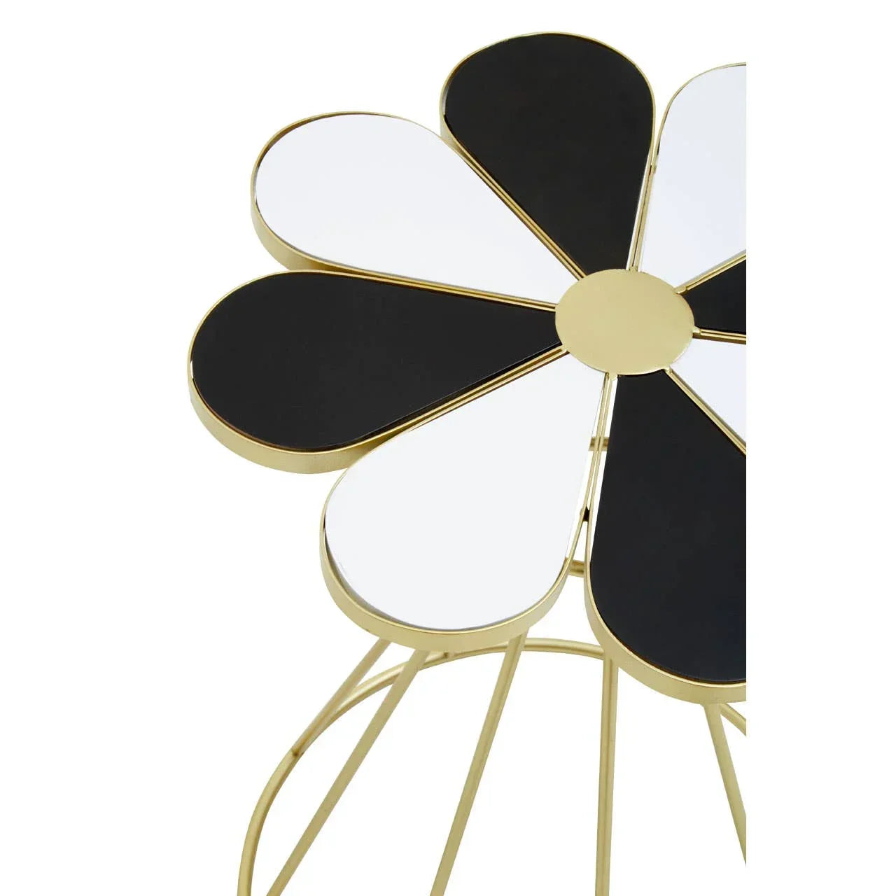 Daisy-shaped black and white side table with gold metal frame and petal detail