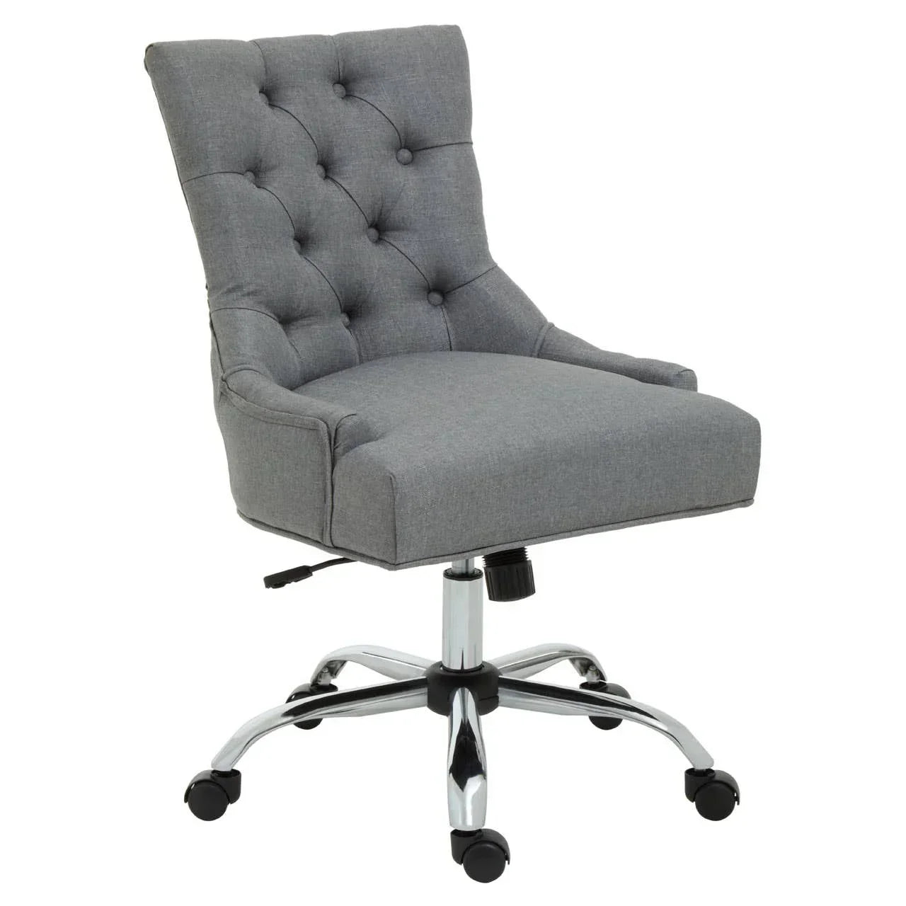 Grey fabric office chair with tufted backrest and chrome swivel base on castors
