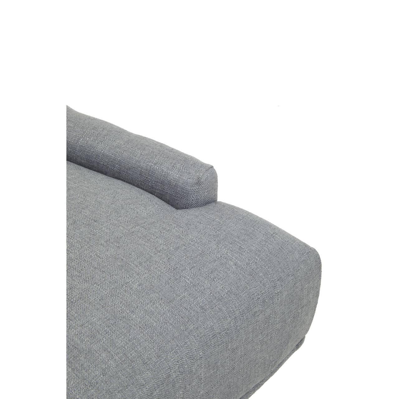 Close-up of grey fabric sofa armrest and seat cushion texture