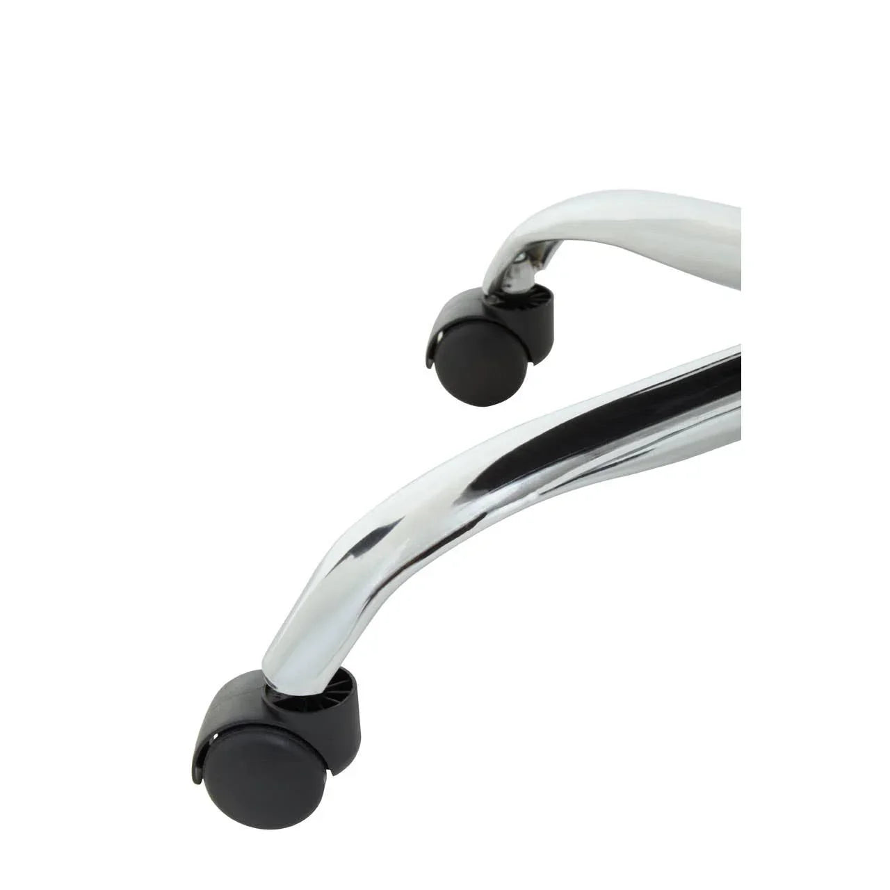 Chrome office chair leg with black castor wheels close-up