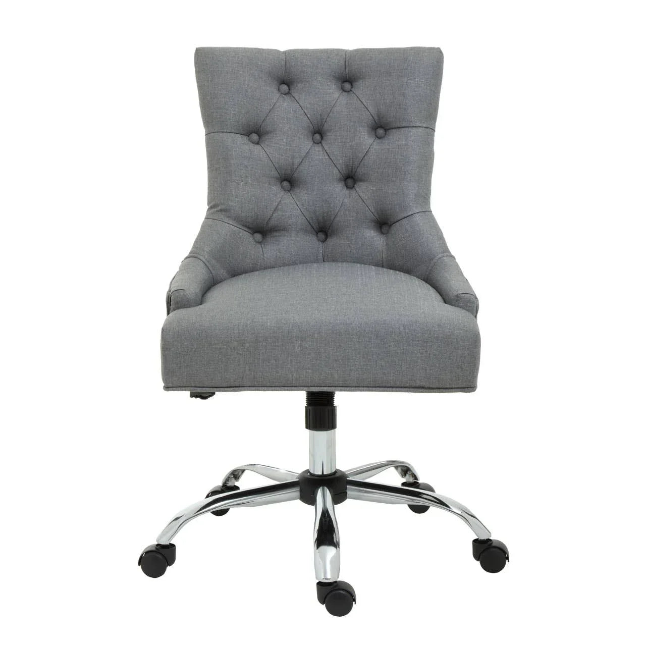 Grey fabric office chair with tufted backrest and chrome swivel base on casters, front view