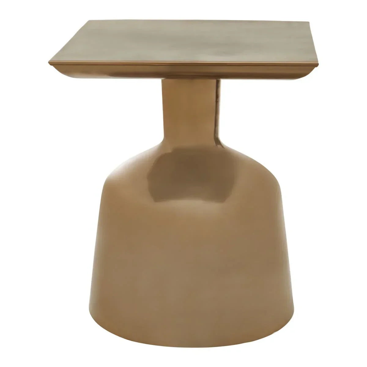 Brass finished metal side table with square top and rounded base